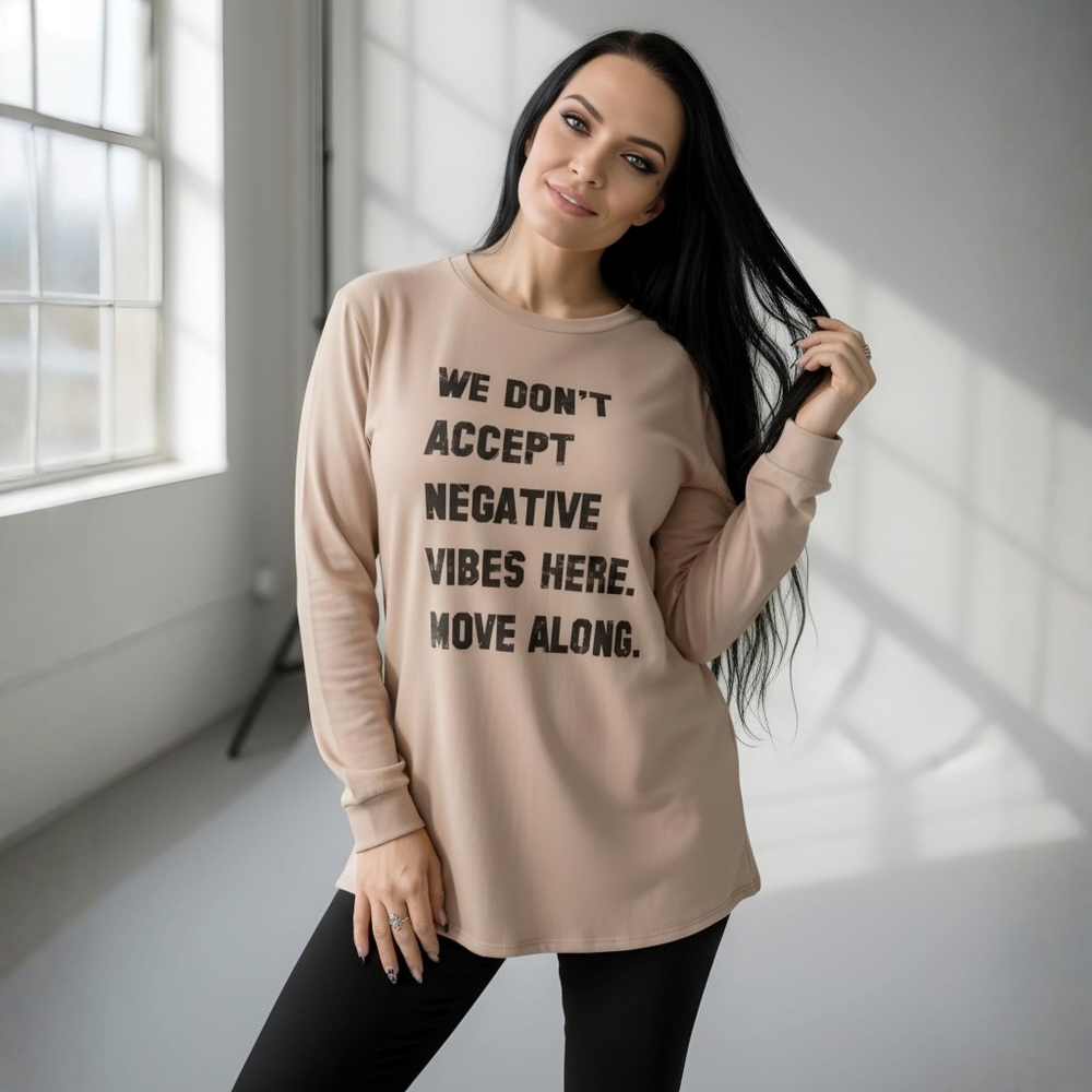 Fashion Nova Negative Vibes Long Sleeve Top Beige Slogan Graphic Crew Sz XS NWT